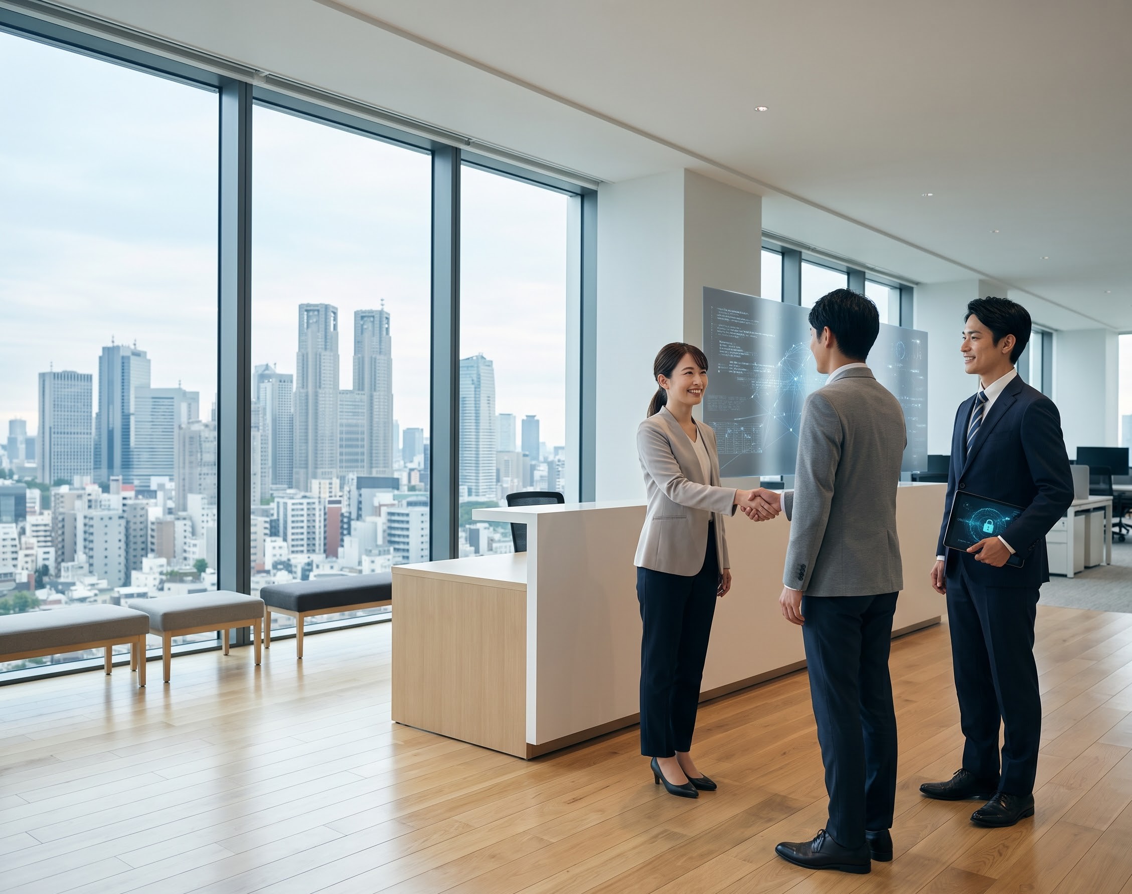 A handshake at the reception desk of the Tokyo office, the city skyline behind the glass.