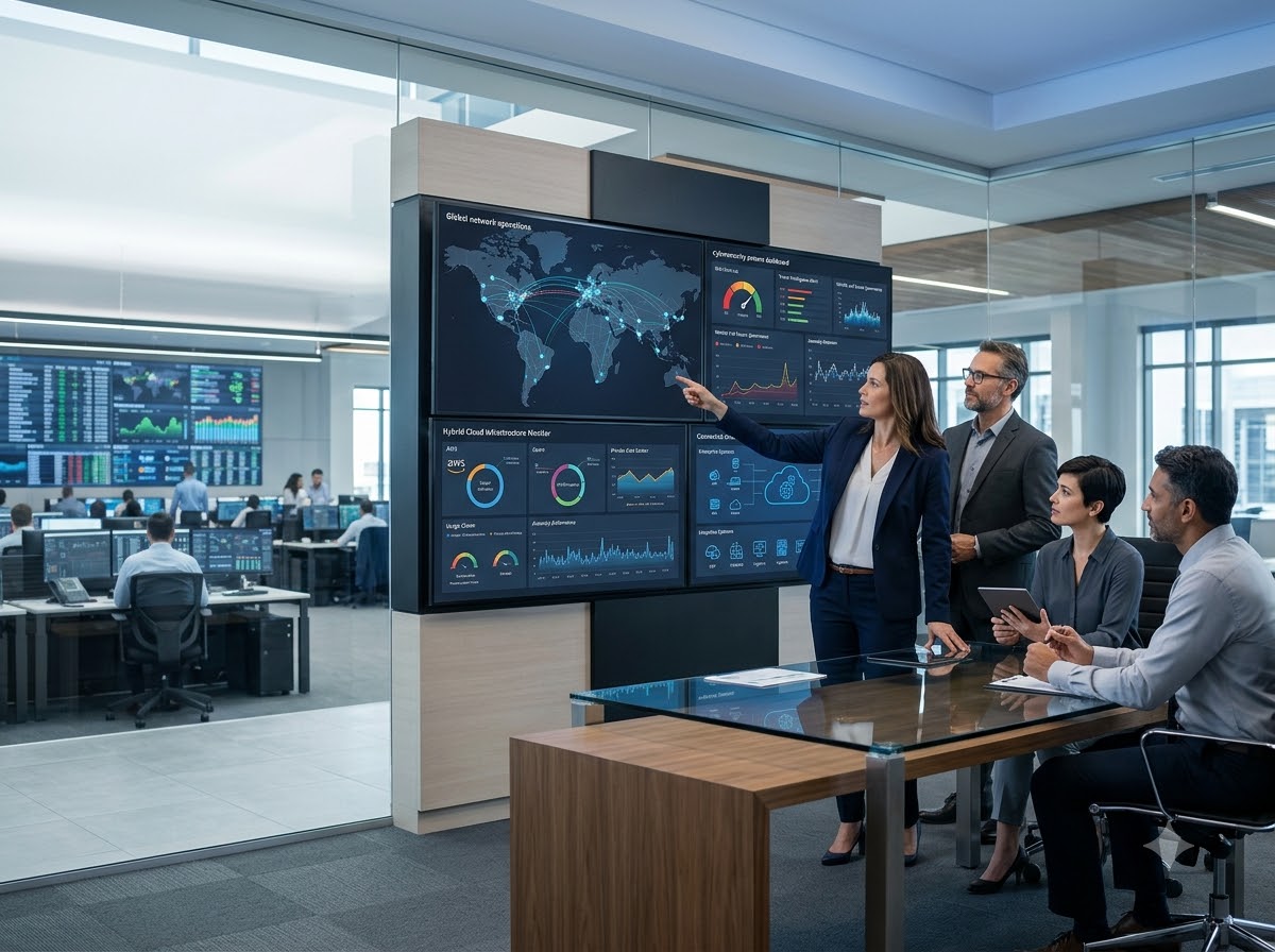 An operations centre video wall showing global network and cloud infrastructure dashboards.