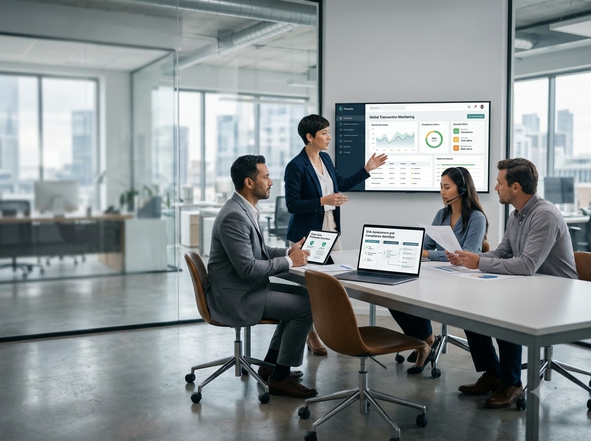 A compliance review meeting in front of a transaction-monitoring dashboard.