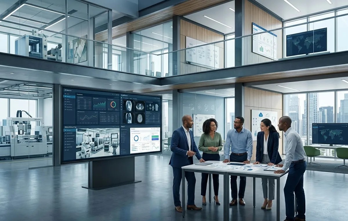 A team standing around a table in an operations room lined with dashboards.