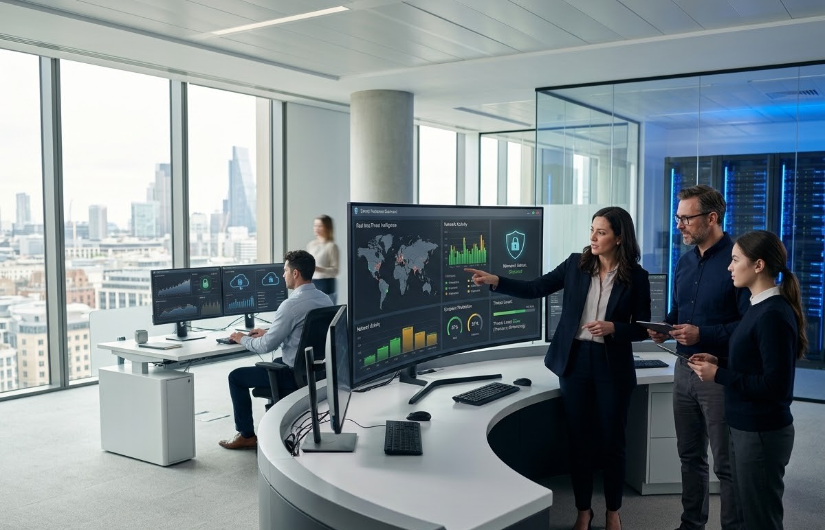 Analysts at a security operations desk reviewing live threat dashboards.