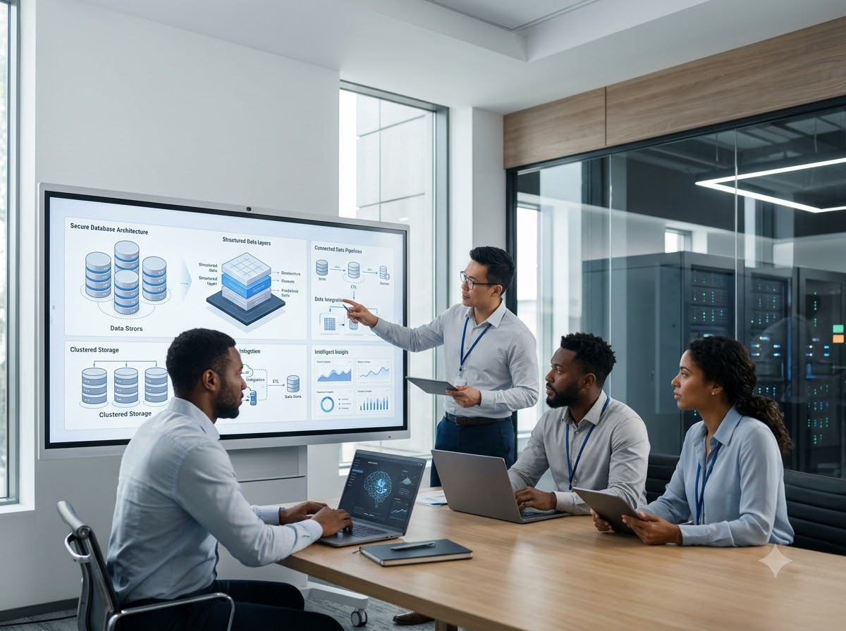 Colleagues reviewing a data platform architecture diagram on a wall screen.