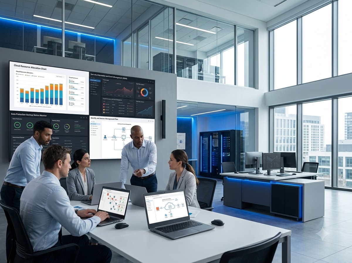 An operations room: engineers at a table reviewing security and cloud dashboards on the wall screens behind them.