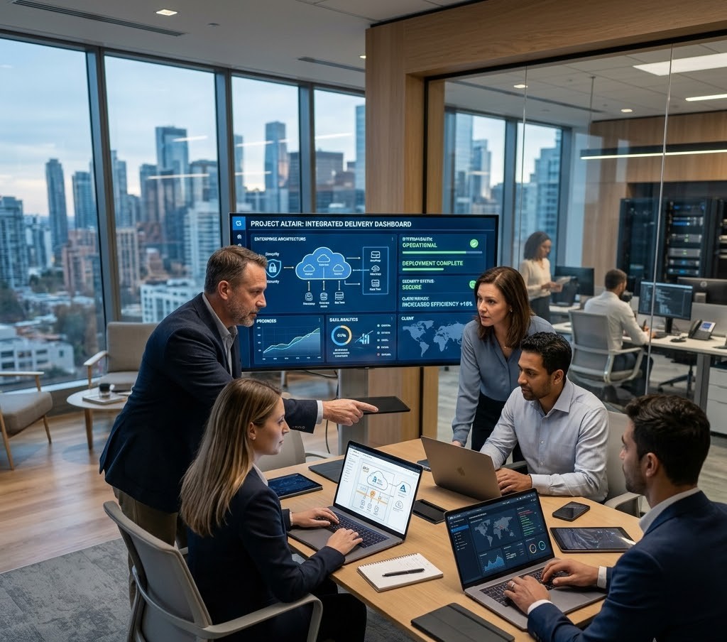 A delivery team reviewing dashboards on a meeting-room screen, city skyline beyond.
